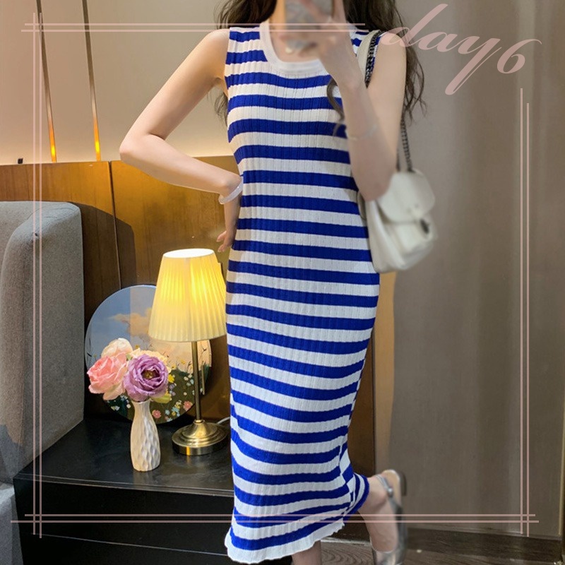 Đầm Dệt Kim Sát Nách Dáng Dài Cổ Tròn Họa Tiết Kẻ Sọc Thời Trang Mùa Hè Xinh Xắn Cho Nữ