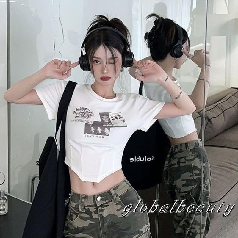 Áo Thun Crop Top Tay Ngắn Cổ Tròn Dáng Ôm In Họa Tiết Phong Cách Vintage Dành Cho Nữ