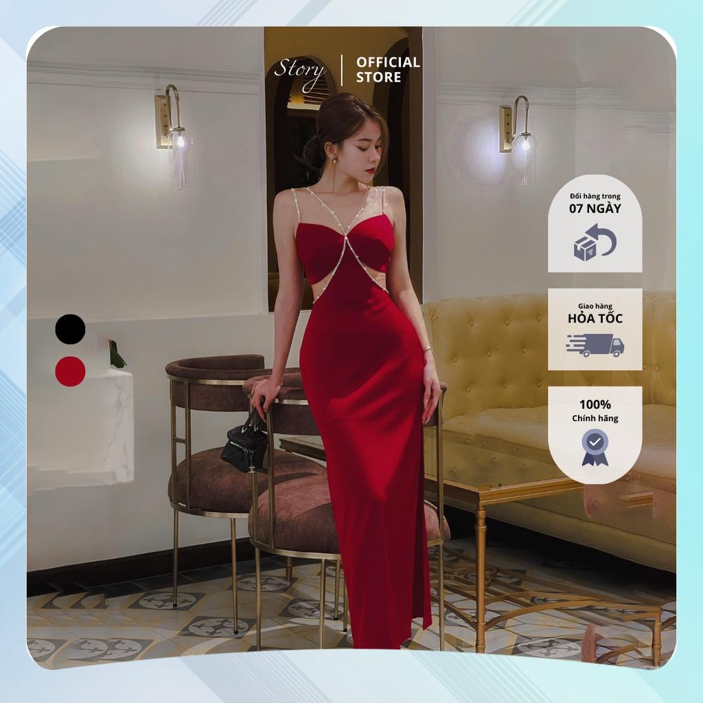 STORY Đầm Stella váy dự tiệc thanh lịch hai dây đỏ đen dây đá xẻ tà sang trọng sexy Story.clothes thời trang nữ