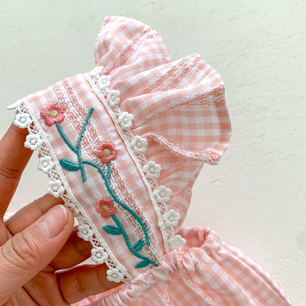 Bộ Áo Liền Quần Hai Dây Họa Tiết Caro Đính Nơ Dễ Thương Thời Trang Mùa Hè Cho Bé Gái