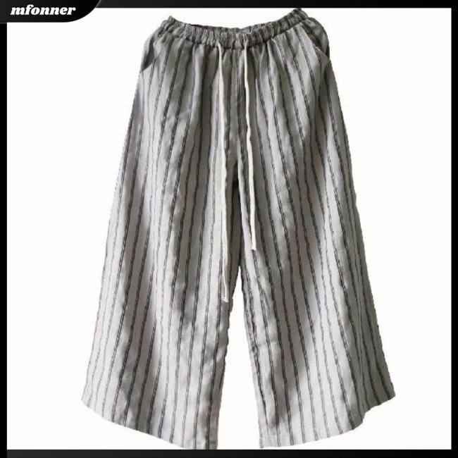 Quần Cotton Lanh Ống Rộng Thoáng Khí Họa Tiết Kẻ Sọc Hợp Thời Trang Cho Nữ