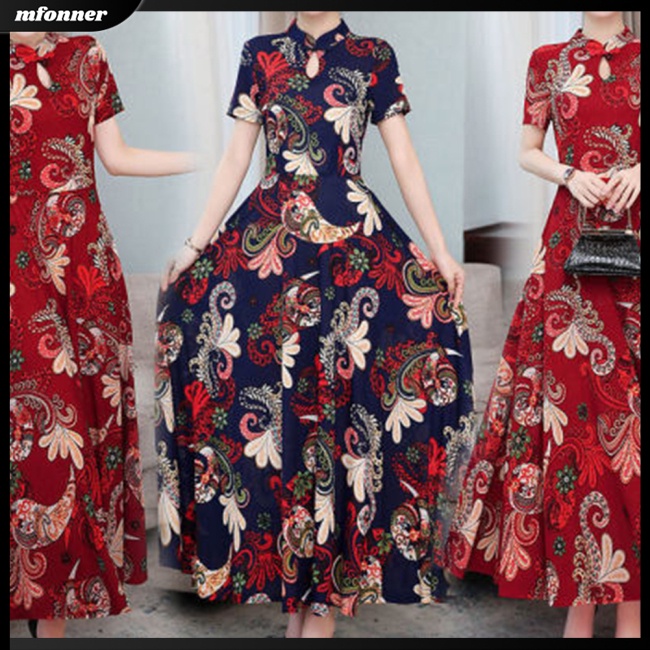 Đầm Tay Ngắn Cổ Đứng Eo Cao In Họa Tiết Cổ Điển Dành Cho Nữ