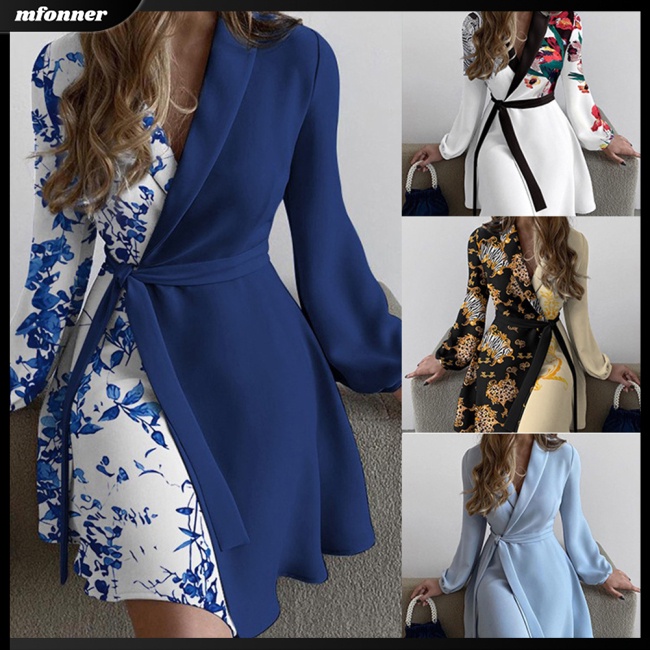 Đầm Dài Tay Cổ Chữ V Eo Cao In Hoa Phối Màu Tương Phản Thời Trang Dành Cho Nữ