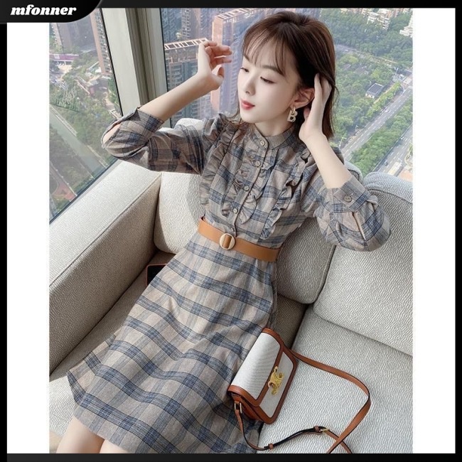 Đầm Midi Tay Dài Cổ Đứng Dáng Chữ A Họa Tiết Sọc Caro Ngọt Ngào Thời Trang Cho Bạn Gái