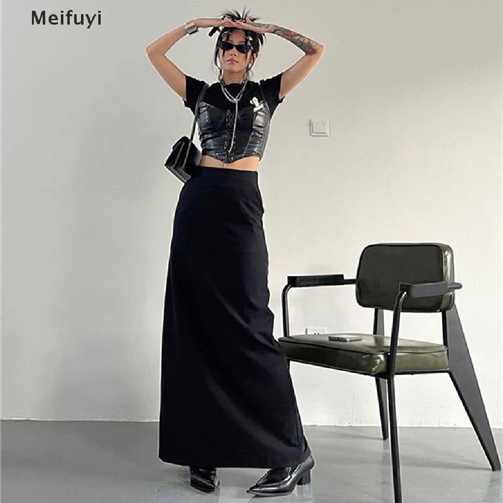 [Meifuyi] Chân Váy Dài Lưng Cao Màu Trơn Đơn Giản Thanh Lịch Dễ Phối Đồ Phong Cách Vintage Hàn Quốc