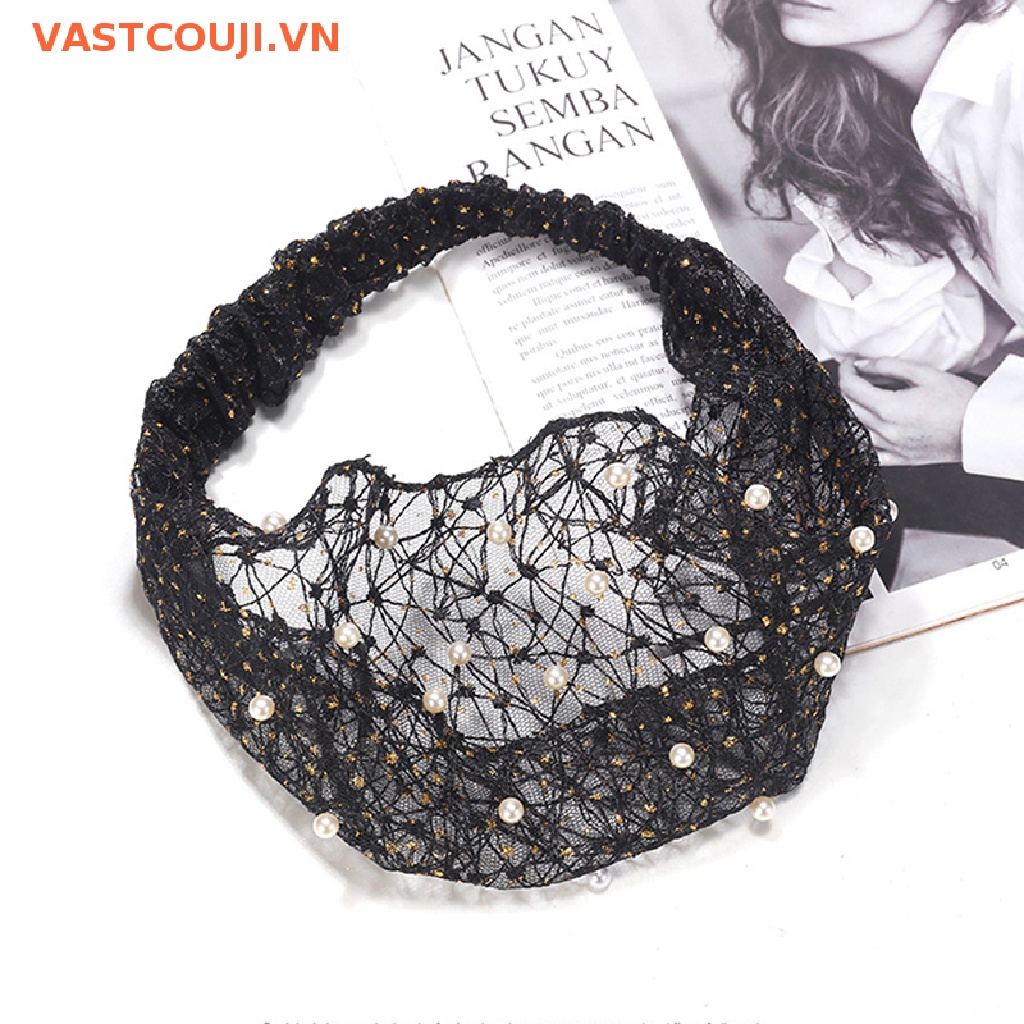 Băng Đô Cài Tóc Bản Rộng Phối Lưới Thoáng Khí Đính Ngọc Trai Giả