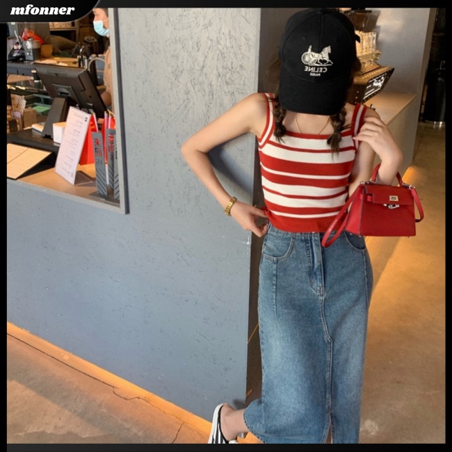 Áo Hai Dây Dệt Kim Kẻ Sọc Thoáng Khí Phong Cách Retro Cho Nữ