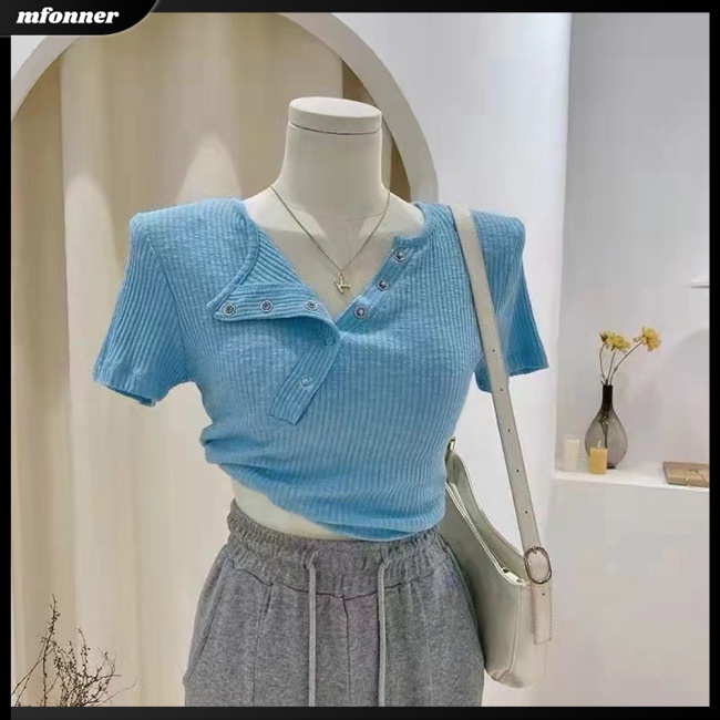 Áo Thun Croptop Tay Ngắn Cổ Chữ V Màu Sắc Đơn Giản Cho Nữ