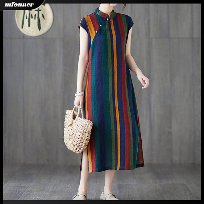 Đầm Sườn Xám Không Tay Cổ Đứng Bằng Vải Lanh Cotton Thoáng Khí Thoải Mái Họa Tiết Kẻ Sọc Phong Cách Retro Dành Cho