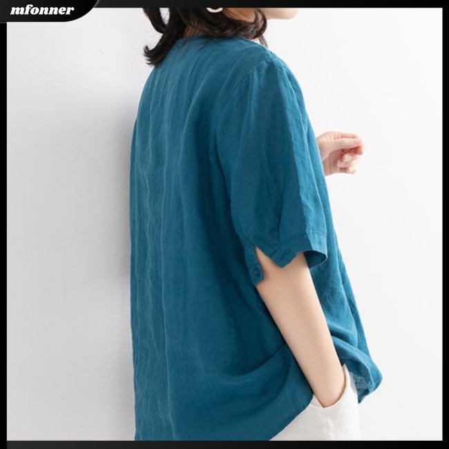 Áo Sơ Mi Cotton Lanh Tay Ngắn Dáng Rộng Thêu Họa Tiết Xinh Xắn Thời Trang Mùa Hè Cho Nữ