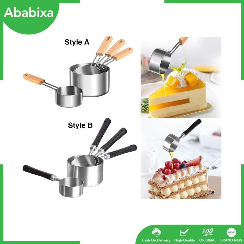 Bộ 4 Cốc Đo Lường Bằng Thép Không Gỉ Với Tay Cầm Bằng Gỗ Tiện Dụng Cho Nhà Bếp