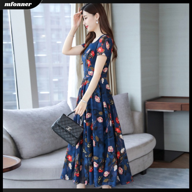 Đầm Tay NgắN Cổ TròN In Hoa ThờI Trang Cho Nữ