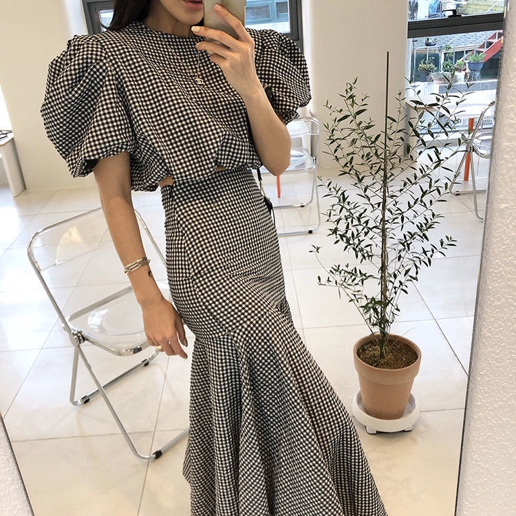 Bộ Áo Sơ Mi Tay Phồng Kẻ Sọc Phối Chân Váy Đuôi Cá Lưng Cao Kiểu Hàn Quốc Thời Trang Mùa Hè Cho Nữ