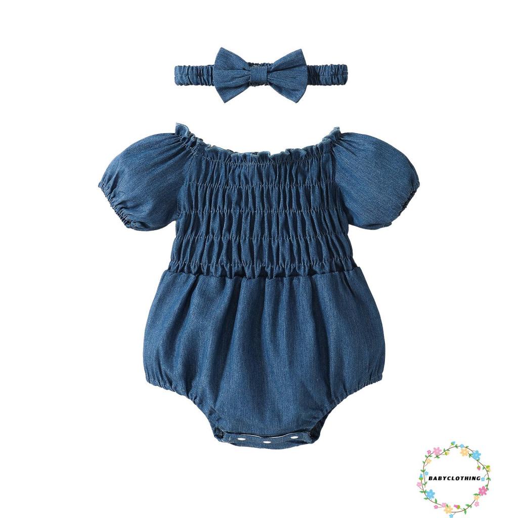Set Áo Trễ Vai Ngắn Tay + Băng Đô Nơ Đáng Yêu Cho Bé Gái