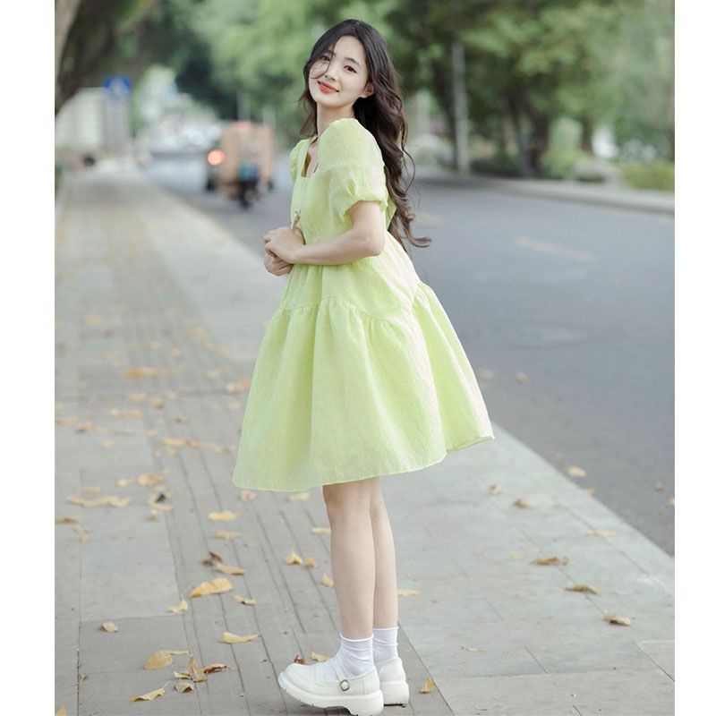 Ru Đầm Công Chúa Tay Phồng Màu Trà Xanh Lá Mùa Hè Phong Cách Pháp Ngọt Ngào Siêu Thơ Mộng Cho Nữ