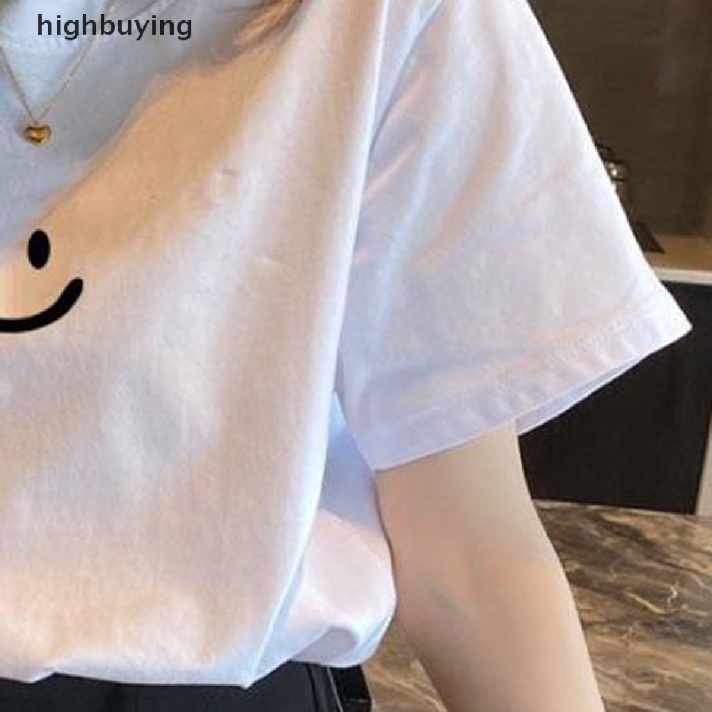 Áo Thun Tay Ngắn Cổ Tròn In Hình Mặt Cười Xinh Xắn Cho Nữ