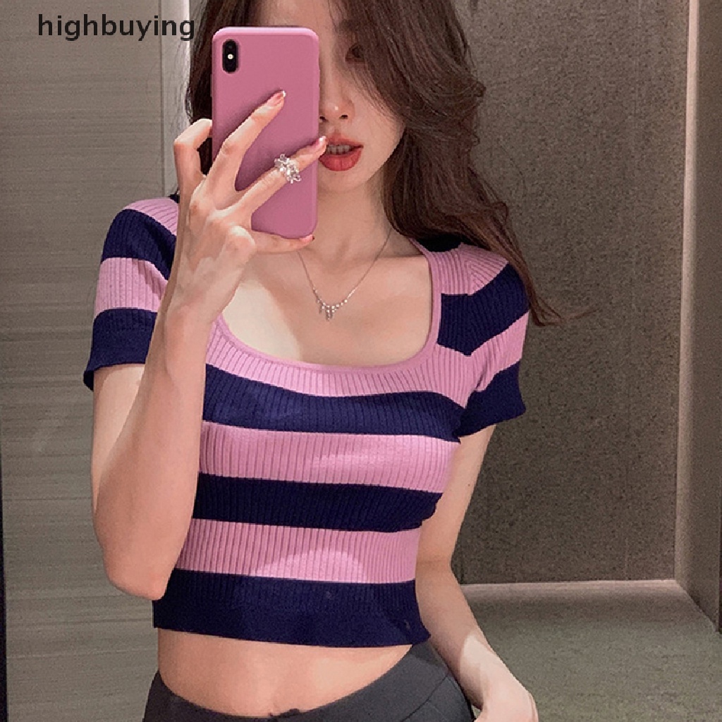 Áo Croptop Dệt Kim Ngắn Tay Cổ Vuông Họa Tiết Kẻ Sọc Phong Cách Retro