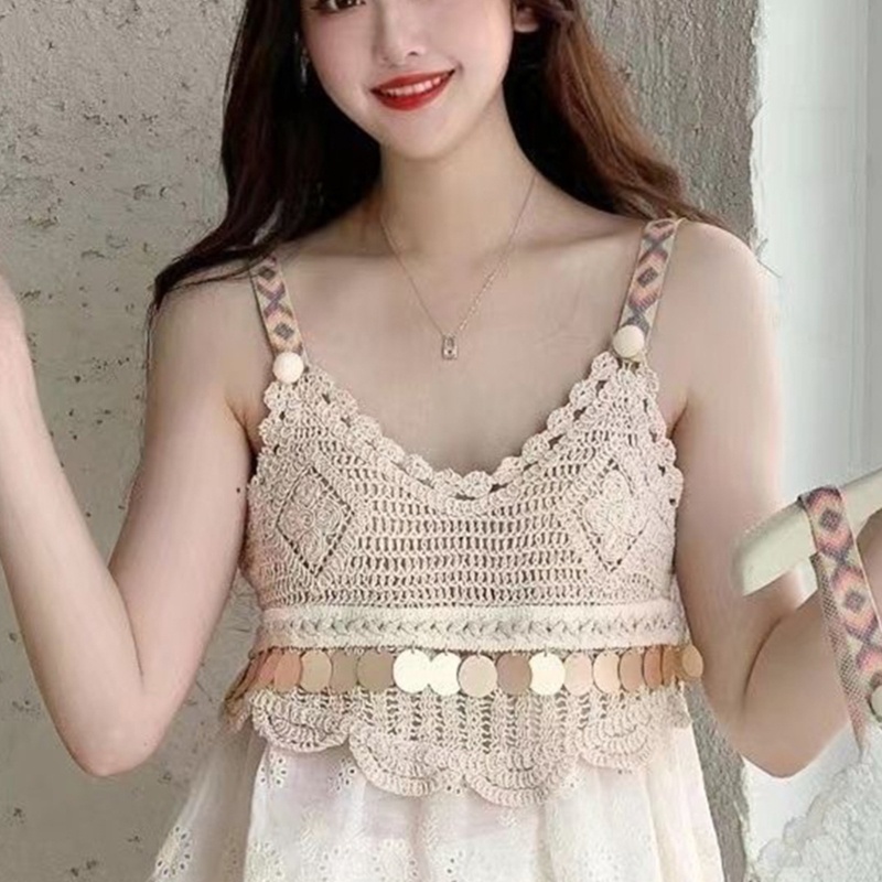 Áo Dệt Kim Sát Nách Cổ Chữ V Viền Bèo Đính Kim Tuyến Lấp Lánh Kiểu Babydoll Cho Nữ