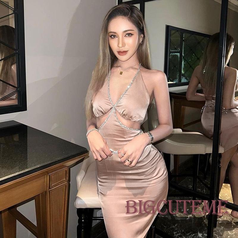 [] - Đầm Midi Không Tay Cổ Chữ V Cắt Xẻ Hở Lưng Màu Đen / Tím / Mơ Mộng Cho Nữ