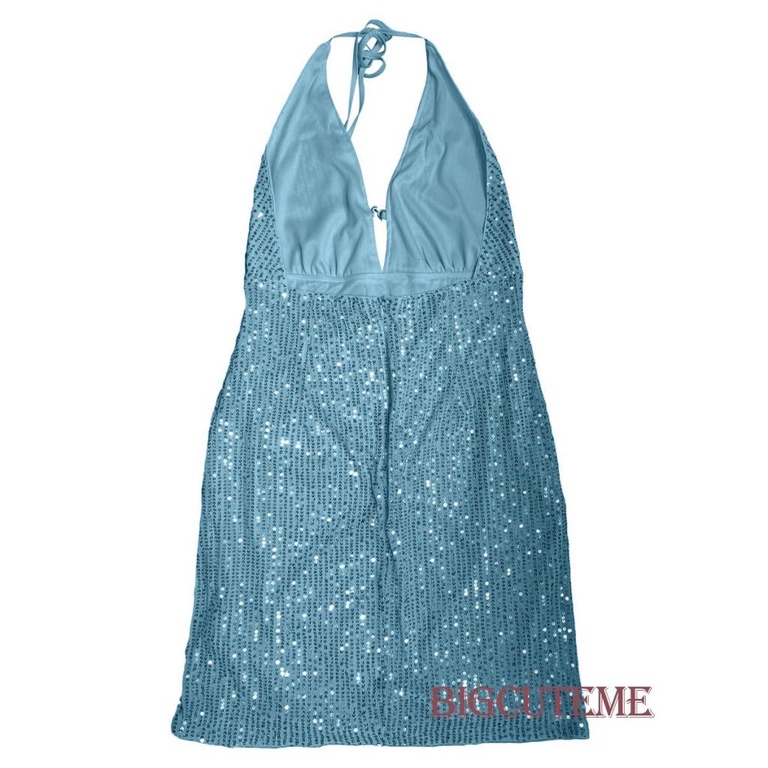 [] - Đầm Ngắn Không Tay Xẻ Tà Cổ Yếm Đính Kim Sa Màu Xanh Dương Thời Trang Mùa Hè Cho Nữ