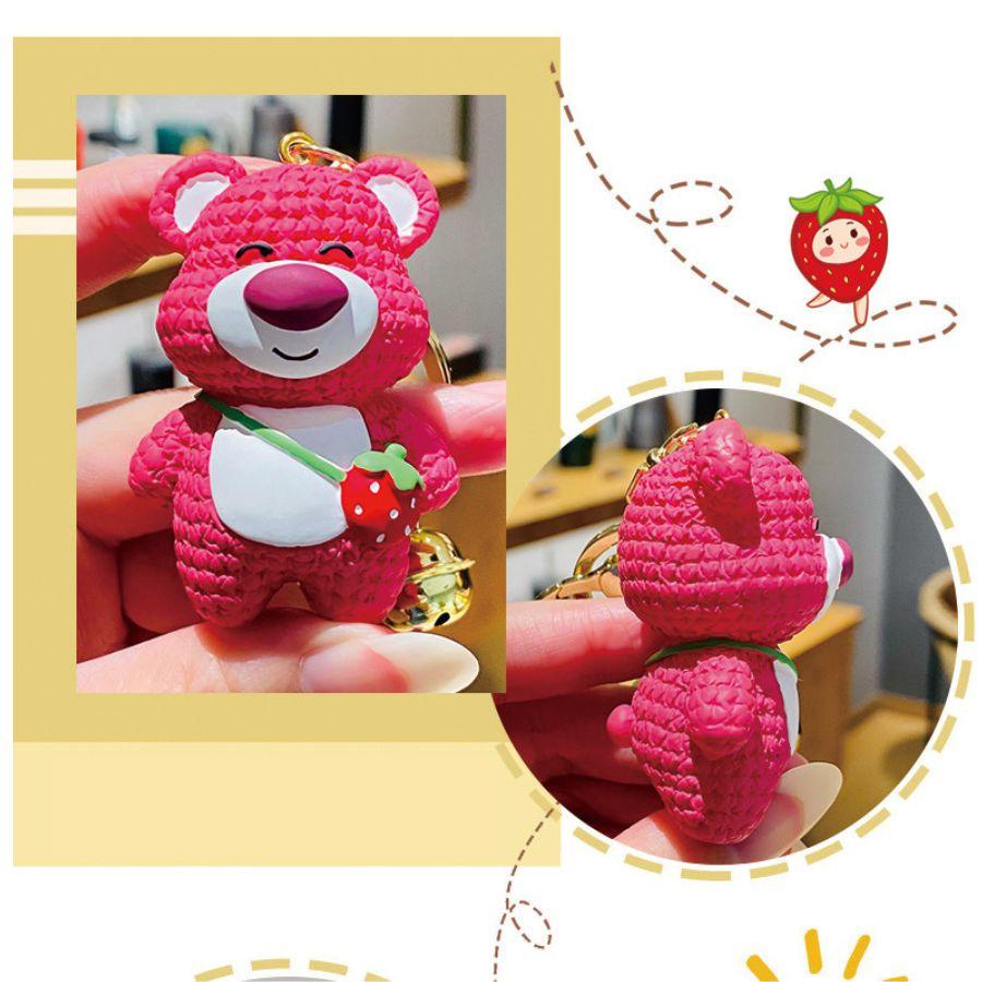 Móc treo túi xách, chìa khoá hình gấu dâu Lotso đáng yêu màu hồng gắn chuông tiện lợi, phụ kiện đeo cực dễ thương