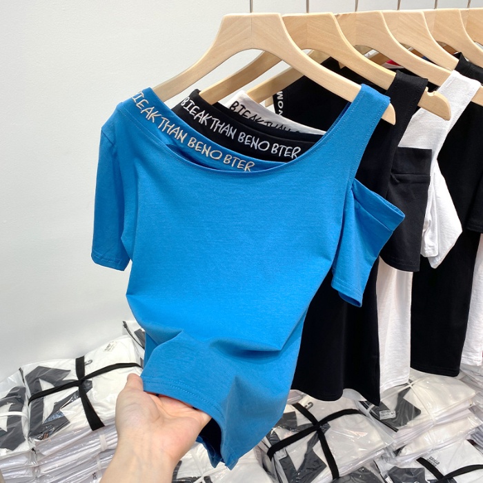 3614#Áo Thun Cotton Ngắn Tay Hở Vai Dáng Ôm Thêu Họa Tiết Thời Trang Mùa Hè 2023 Mới