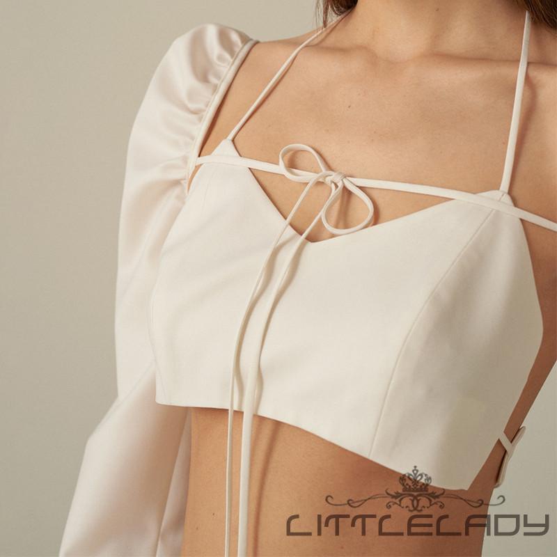Áo Croptop Hai Dây Cổ Chữ V Hở Lưng Thắt Nơ Màu Trơn Gợi Cảm