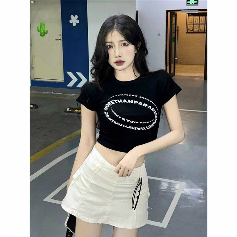 Áo thun croptop in chữ 2 vòng tròn, Áo thun tay ngắn in hình thời trang cá tính cho nữUk alohashop91