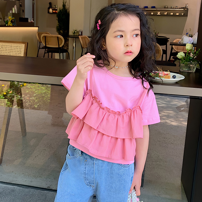 Áo Thun Tay Ngắn Giả Hai Lớp Màu Hồng Xinh Xắn Cho Bé Gái 1-6 Tuổi