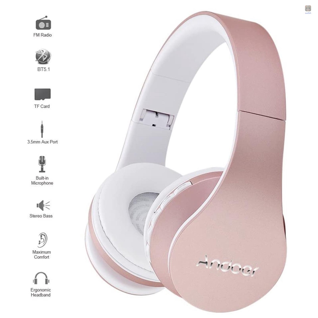 Tai Nghe Chụp Tai Andoer Bluetooth Không Dây Jack 3.5mm Có Thể Gập Lại Hỗ Trợ Thẻ TF Đài FM Cho Điện Thoại Máy Tính Bảng Laptop (Màu Vàng Hồng)