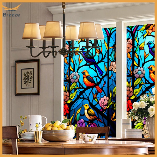 Phim Dán Cửa Kính Họa Tiết Hoa Và Chim Nhiều Màu Sắc Cách Nhiệt Chống Tia Uv