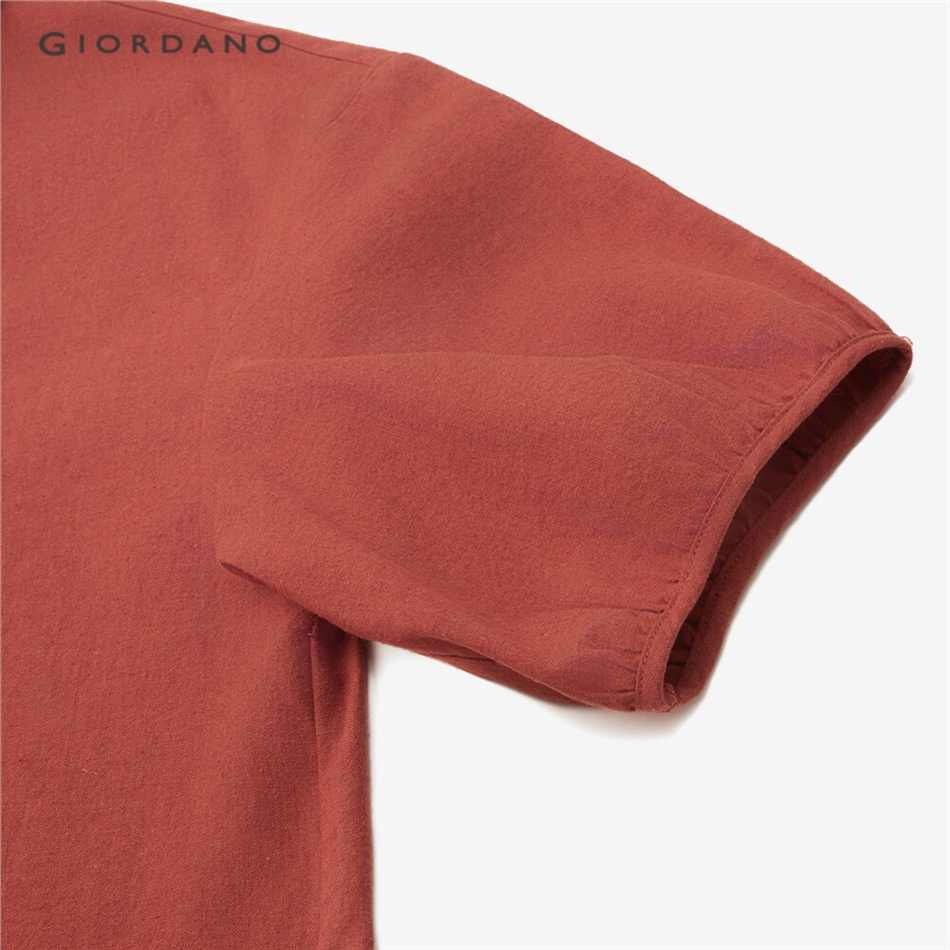 Áo sơ mi GIORDANO 13343310 cotton linen thiên nhiên dệt thoi mỏng tay phồng cổ Peter Pan cho nữ