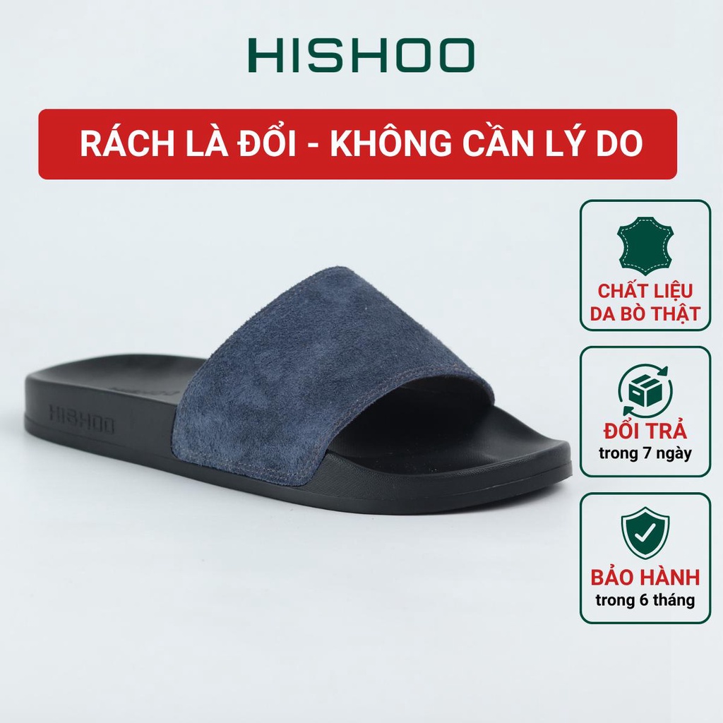 Dép quai ngang slipper Xanh dương cao cấp nam, nữ HISHOO siêu nhẹ da bò thật thời trang size 36 - 45 U099