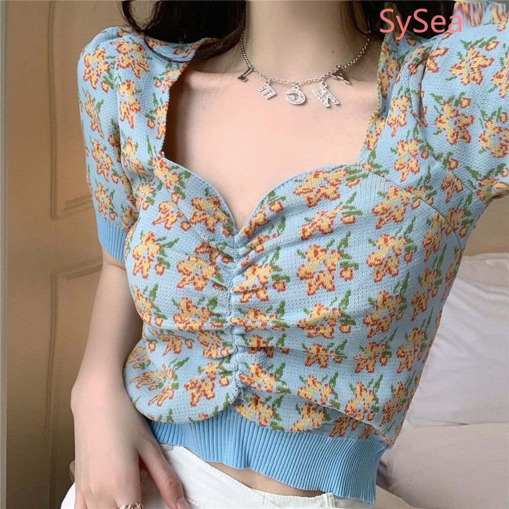 Áo Croptop Dệt Kim Tay Phồng In Hoa Kiểu Hàn Quốc Thời Trang Mùa Hè Cho Nữ