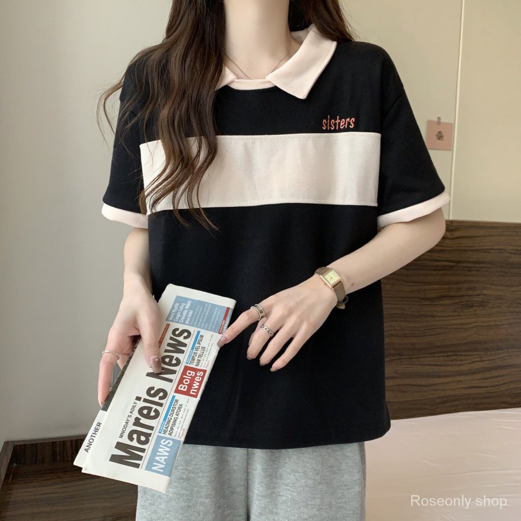 Áo Thun polo Giả Hai Mảnh Cotton Dáng Rộng Tay Ngắn Phong Cách Preppy Mùa Hè Dễ Phối Đồ Cho Nữ