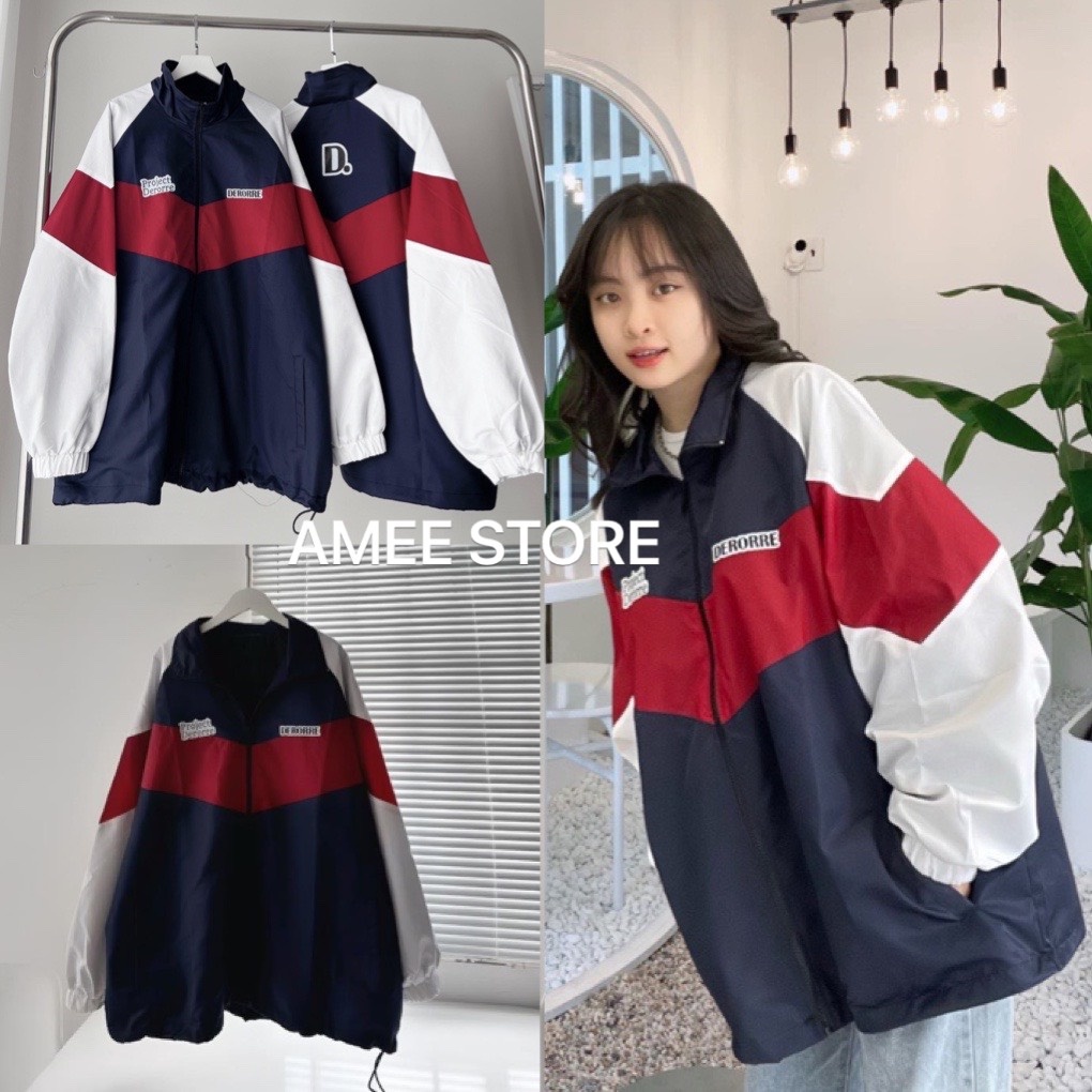 Áo khoác gió dù 2 lớp form rộng nam nữ UNISEX - Áo bomber bóng chày thể thao phối màu xanh đỏ in chữ D ulzzang, AMEE