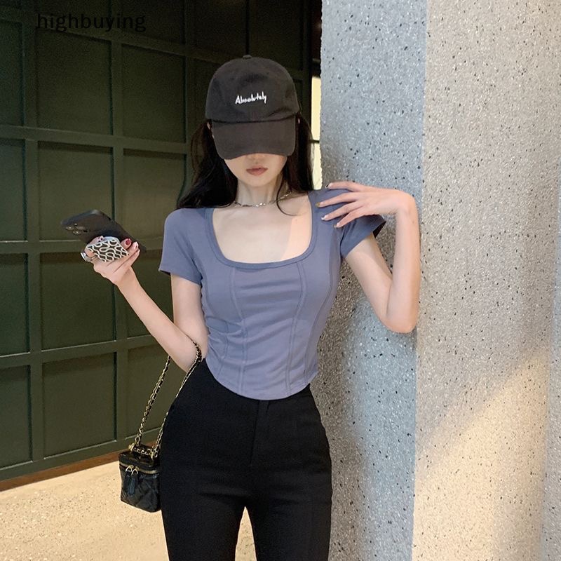 Áo Thun Lửng Cổ Vuông Tay Ngắn Màu Sắc Đơn Giản Cho Nữ