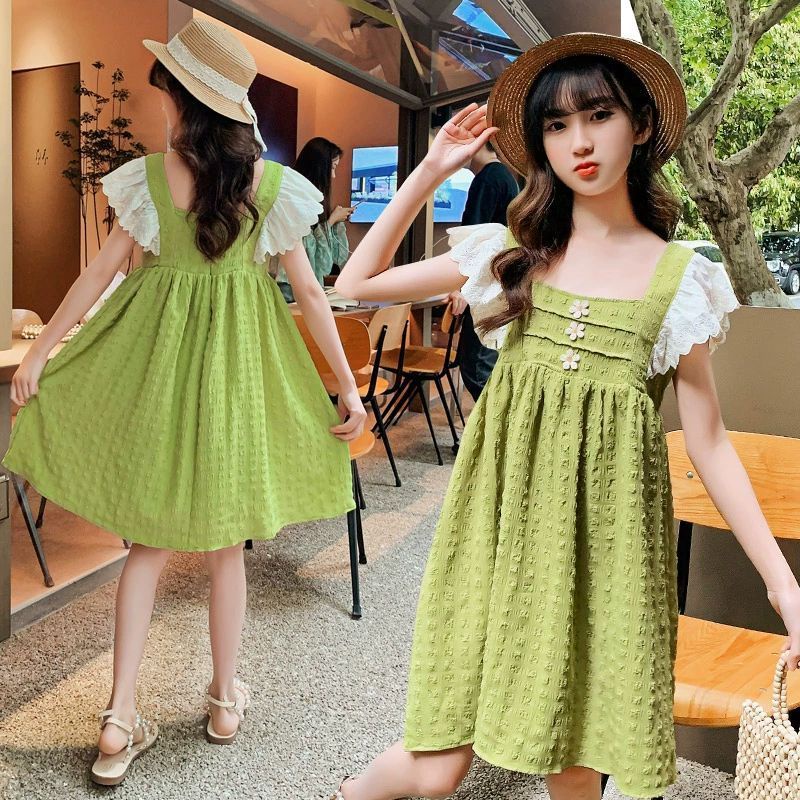 Đầm Cổ Vuông Tay Bay Màu Xanh Lá Thời Trang Mùa Hè Cho Nữ