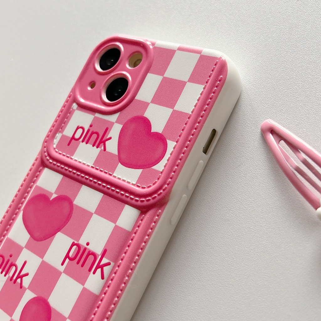 Ốp Điện Thoại Da Viền Silicon Dẻo Màu Hồng Họa Tiết Trái Tim Dễ Thương Chống Sốc Cho iPhone11 12 13 14 Pro Max