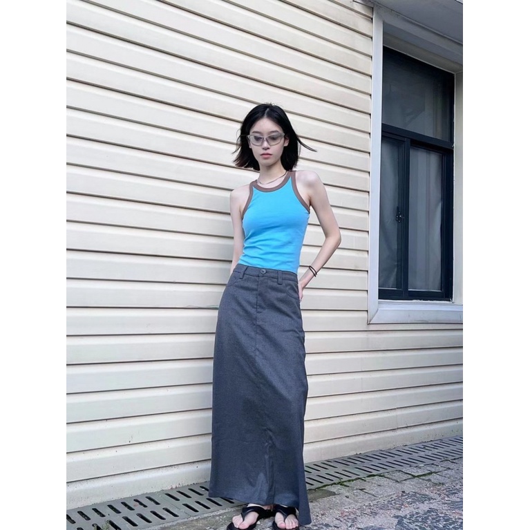 [F &amp; X] Áo Hai Dây Dáng Ôm Màu Sắc Tương Phản Phong Cách Hàn Quốc Thời Trang Mùa Hè