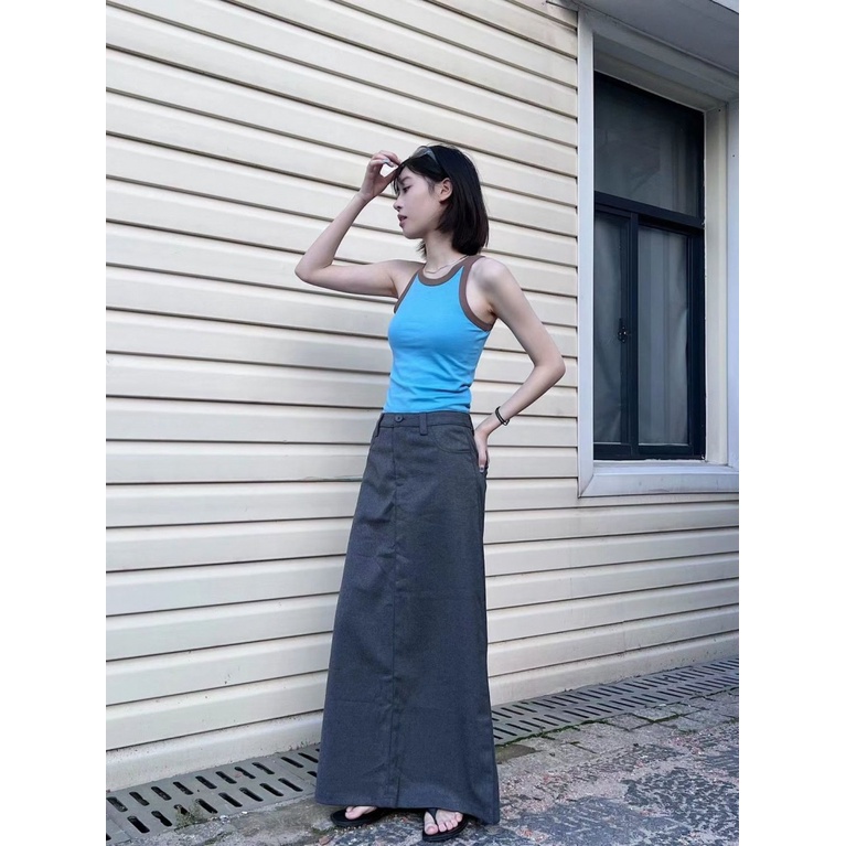 [F &amp; X] Áo Hai Dây Dáng Ôm Màu Sắc Tương Phản Phong Cách Hàn Quốc Thời Trang Mùa Hè