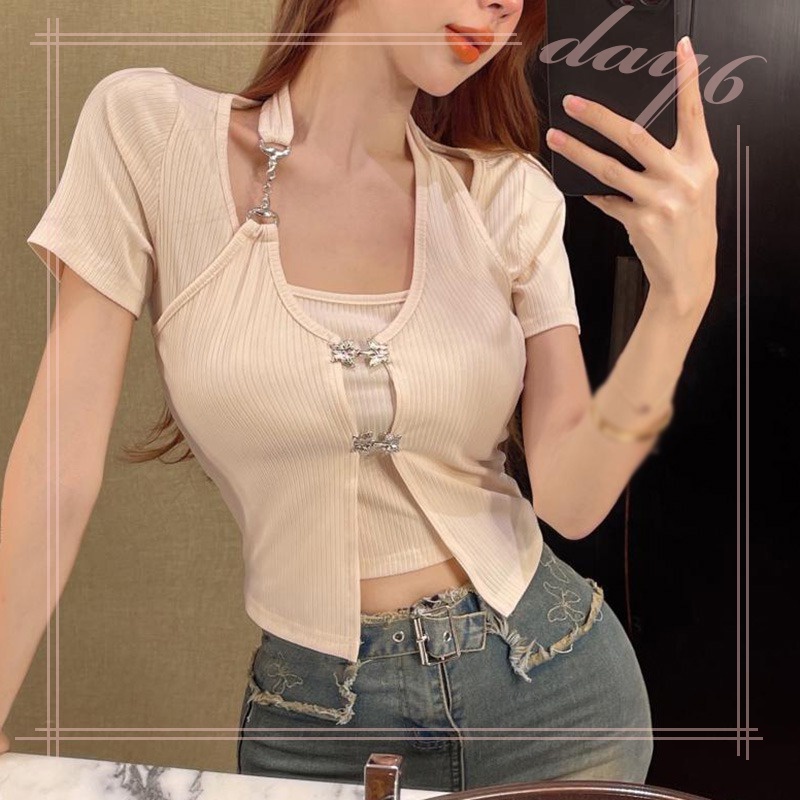 Áo Thun Ngắn Tay Giả Hai Lớp Phong Cách Hàn Quốc Dành Cho Nữ