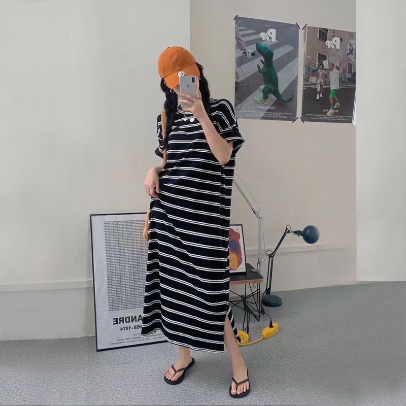 COZOK Váy Ngắn Tay Dáng Rộng Họa Tiết Sọc Thời Trang