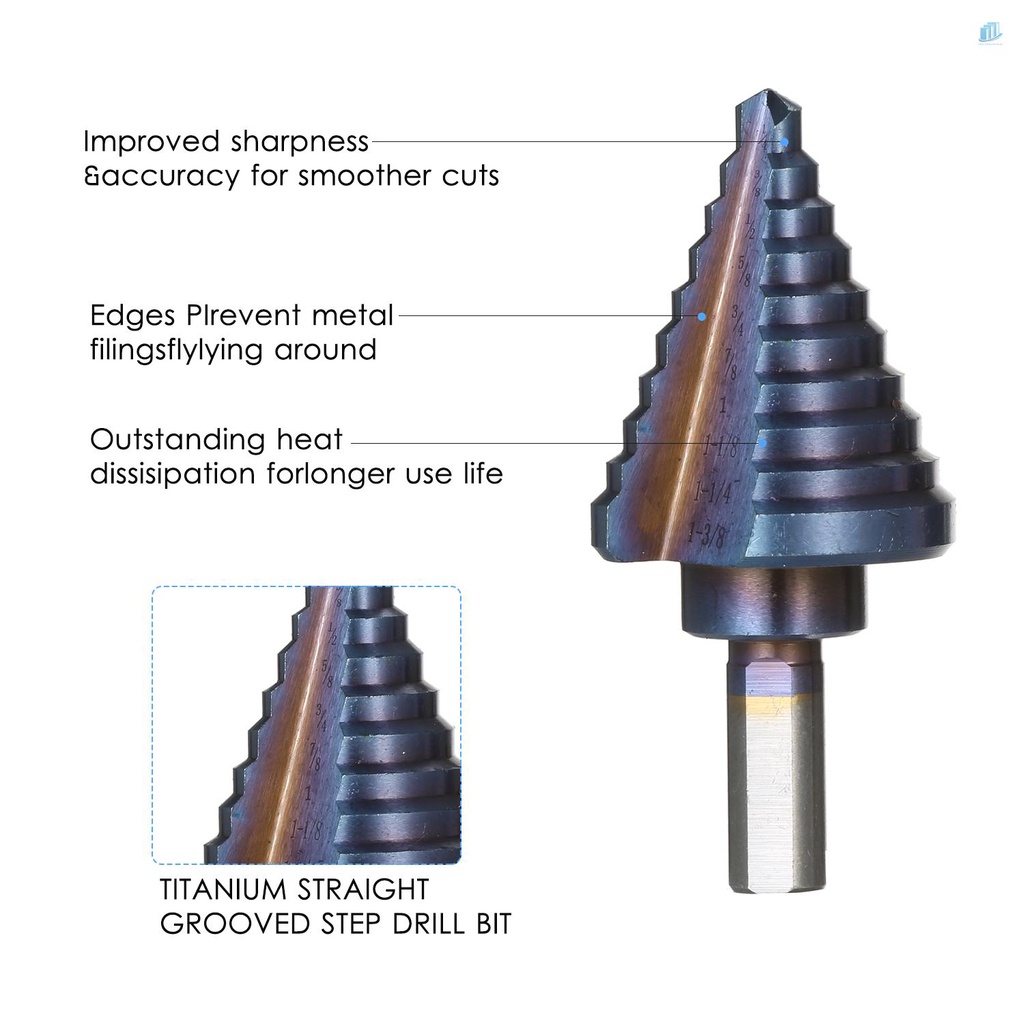 Bộ 5 Mũi Khoan Bước HSS 50 Kích Thước Có Rãnh Trung Tâm Tự Động Bằng Titan Và Hộp Nhôm Nhiều Lỗ Khoan Thẳng Cho Tấm Gỗ Nhựa Kim Loại