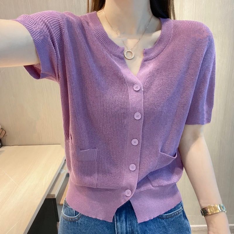 Áo Len Cardigan Mỏng Ngắn Tay Cổ Chữ V Cài Nút Màu Trơn Thời Trang Mùa Hè Phong Cách Mới 2023 D4WF Cho Nữ