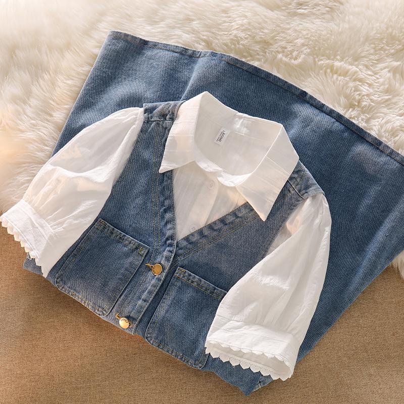 Bộ Áo Sơ Mi Phối Chân Váy Yếm Denim Thời Trang Mùa Hè 2023 Cho Bé Gái 5-6 - 7-8 - 9-10 - 11-12 - 13-14 - 15 Tuổi