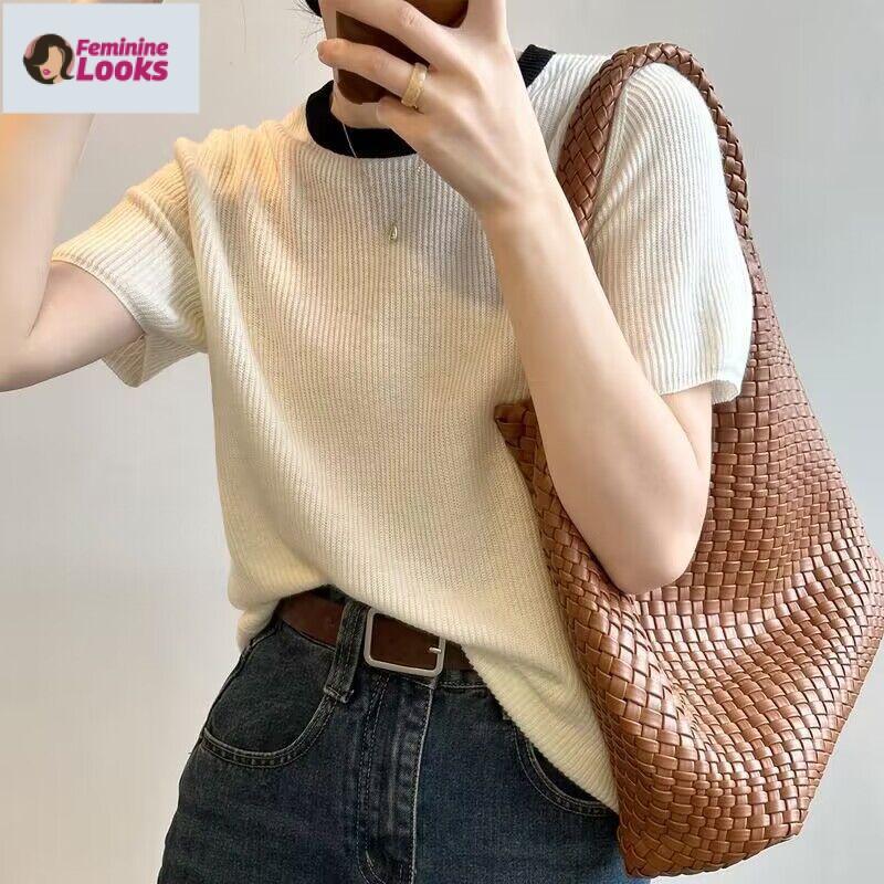 Áo Sweater Tay Ngắn Cổ Tròn Màu Sắc Tương Phản Cá Tính