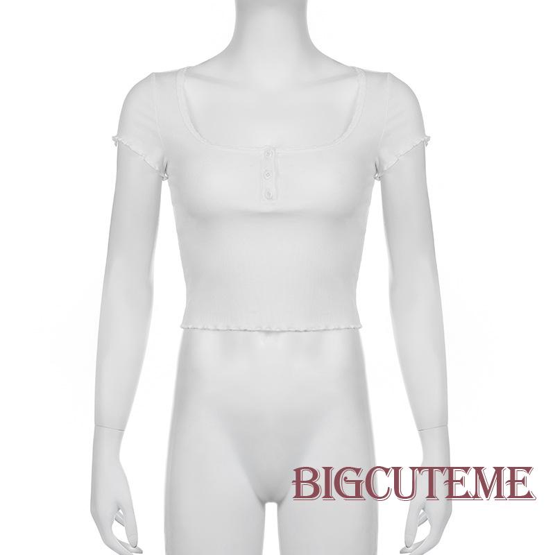 Áo Croptop Dệt Kim Ngắn Tay Cổ Vuông Phối Nút Thời Trang Đường Phố Cho Nữ