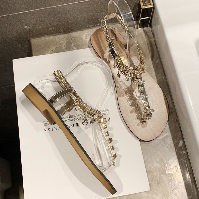 Giày Sandal Đế Bệt Quai Chéo Đính Đá Phong Cách Bohemian Thời Trang Mùa Hè 2023 Dành Cho Bạn Nữ