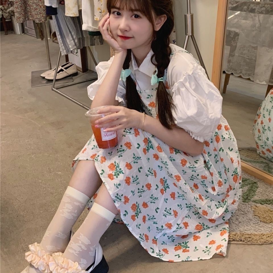 Set Áo Sơ Mi Trắng Ngắn Tay Phồng + Đầm Hai Dây Họa Tiết Hoa Thời Trang Mùa Hè Cho Nữ